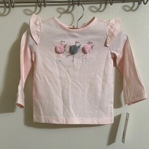 NWT Janie and Jack Pink Pom Pom Flamingo Ruffle Long Sleeve Top 6-12 Months